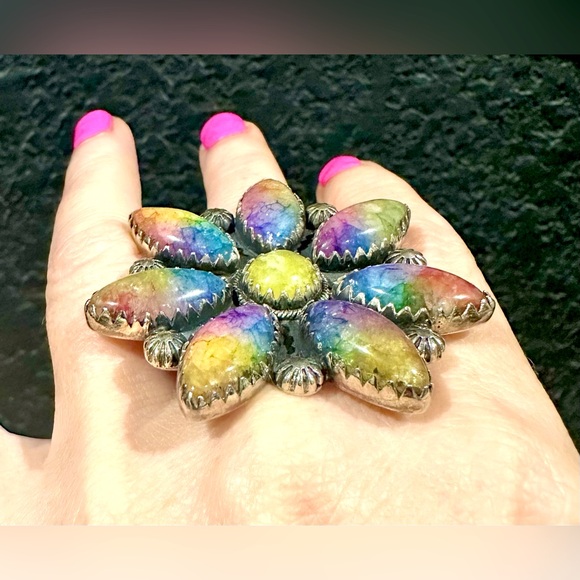 EUC Rainbow Quartz Faceted Flower Bust Sterling Silver Ring - Picture 4 of 13